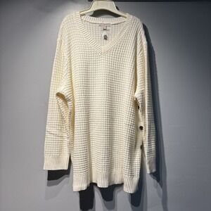Woman Within Women's Ivory Side Button V-Neck Waffle Knit Sweater‎ Sz22/24